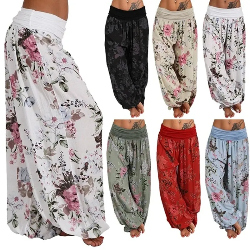 Pantalones largos bohemios con estampado Floral para mujer, pantalones bombachos Vintage de cintura media, pantalones de playa bohemios de cintura elástica de talla grande 5XL 210319