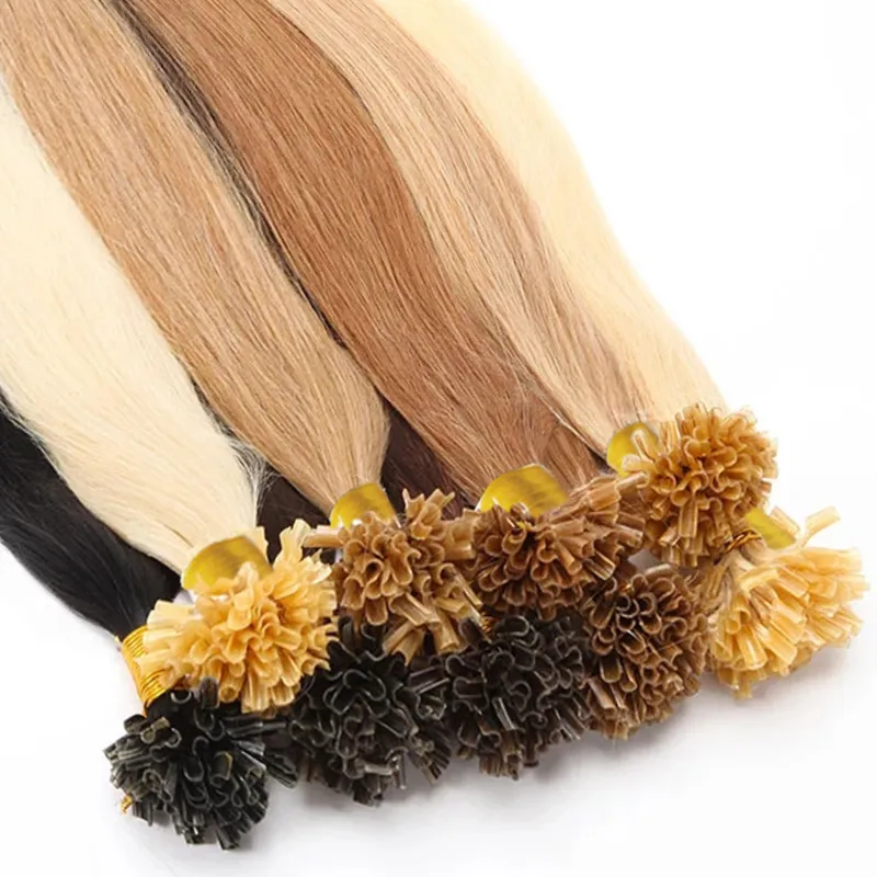 Großhandel mit vorgebundenen Haarverlängerungen, italienischer Keratin-Nagel, U-Spitze-Fusion, indisch, brasilianisch, peruanisch, Remy-Nagelhaut ausgerichtet, jungfräulich, 100 g/100 s