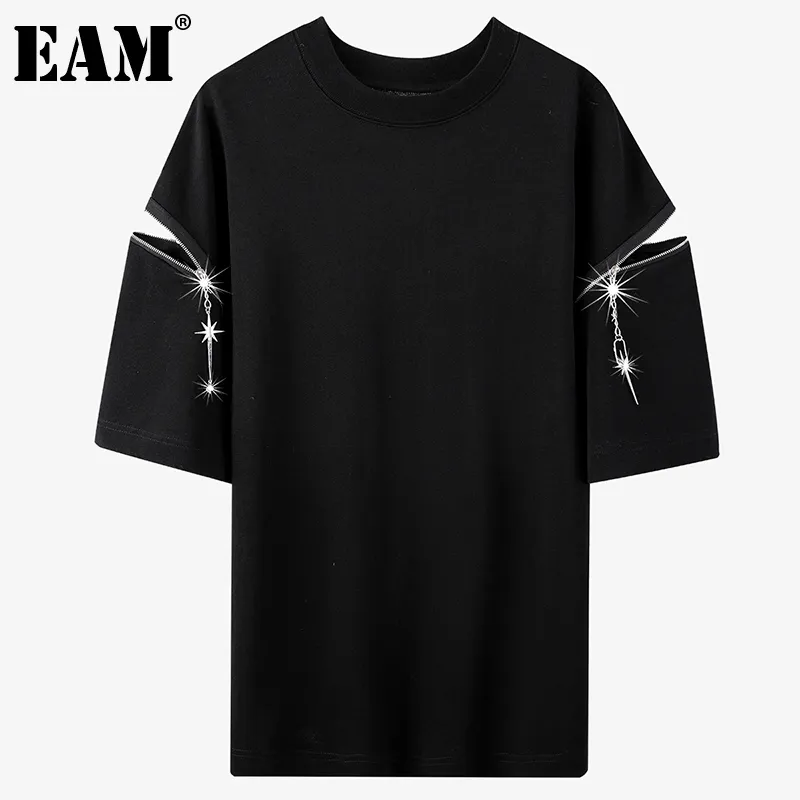 [Eam] Kvinnor Black Off Shoudler Zipper Stor Storlek T-shirt Rund hals Tre-Quarter Ärm Mode Vår Sommar 1DD6342 21512