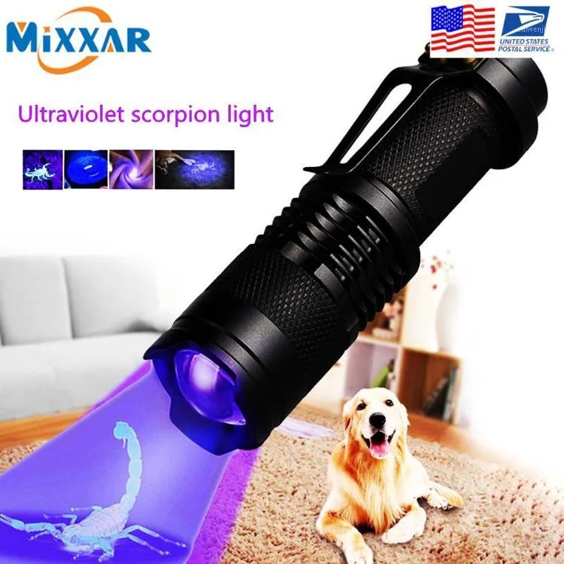 Flashlights Torches EZK20 Drop Mini Zoomable 3 Modes Scorpion UV LED Ultraviolet Torch Money Detector Pet Urine Stains Detecto