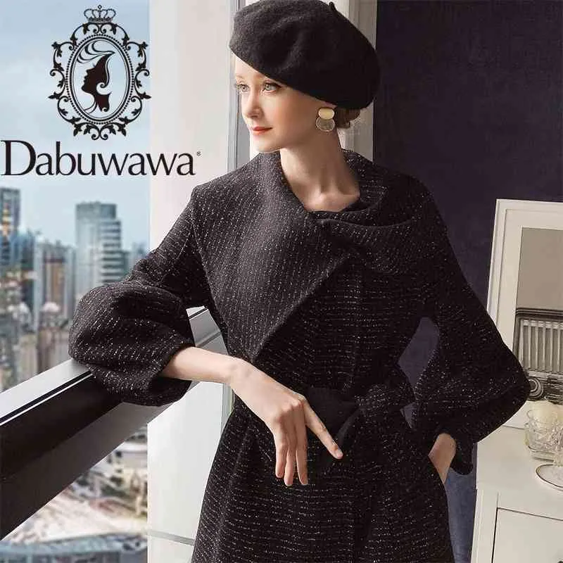 Dabuwawaエレガントなウールの混合コートの女性のランタースリーブサッシスウィートブライトシルクロングコートアウトウェアオフィスレディース冬DT1DLN025 210520