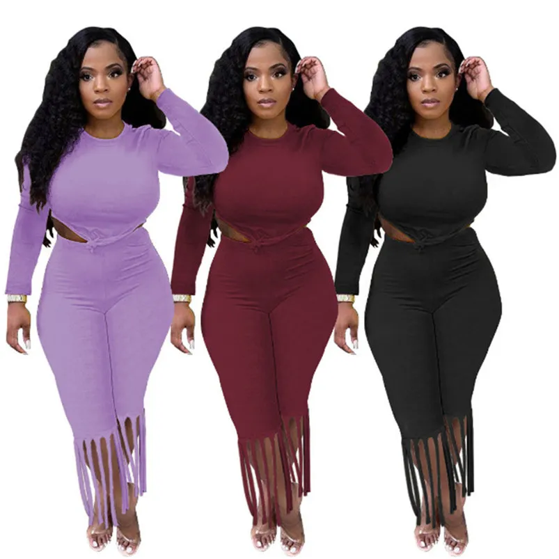 wholesale tracksuits sportswear two piece set long sleeve outfits sexy y2k top tassel pants sweatsuit pullover legging suits klw7262