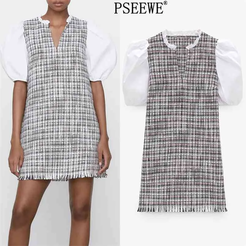 Tweed Patchwork Mini Dress Women Spring Fashion Plaid Short Puff Sleeve Woman Pockets Cute Ladies es 210519