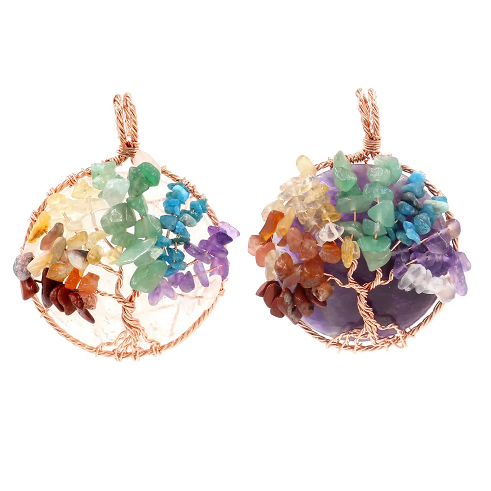 JLN Gemstone Rond Cabochon Vie Arbre Pendentif Puce Pierre Fil Enveloppé Quartz Sept Chakra t Charme Avec Chaîne En Laiton Collier