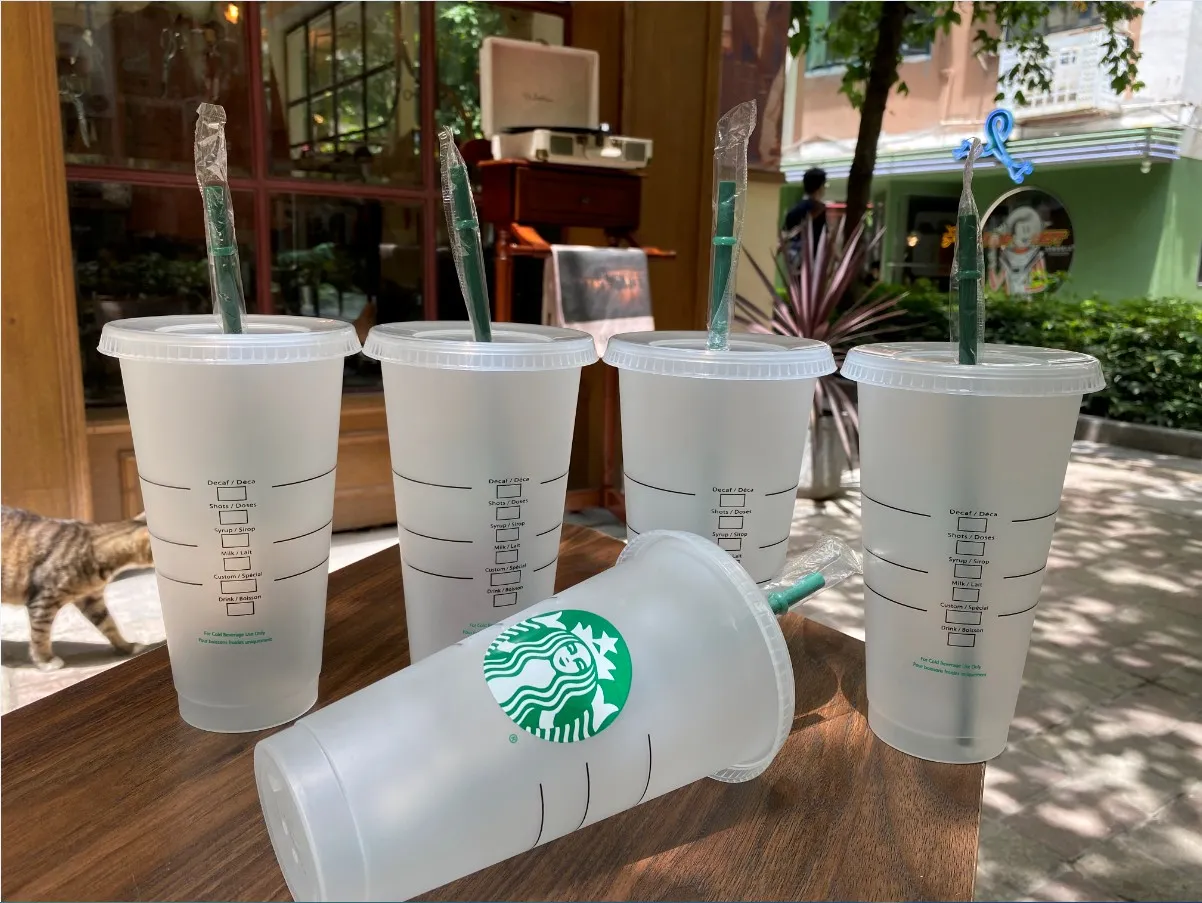 Starbucks 24oz/710ml Plastic Tumbler Reusable Clear Drinking Flat Bottom Cup  Pillar Shape Lid Straw Mug White (5 Pieces) 