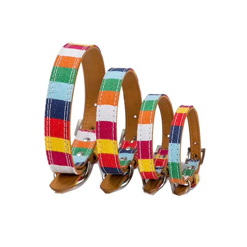 Fashion Rainbow Stripes Dog Collars Adjustable Durable Colorfast Suitable For Small Dogs Size Extra S 8" to 12" Long