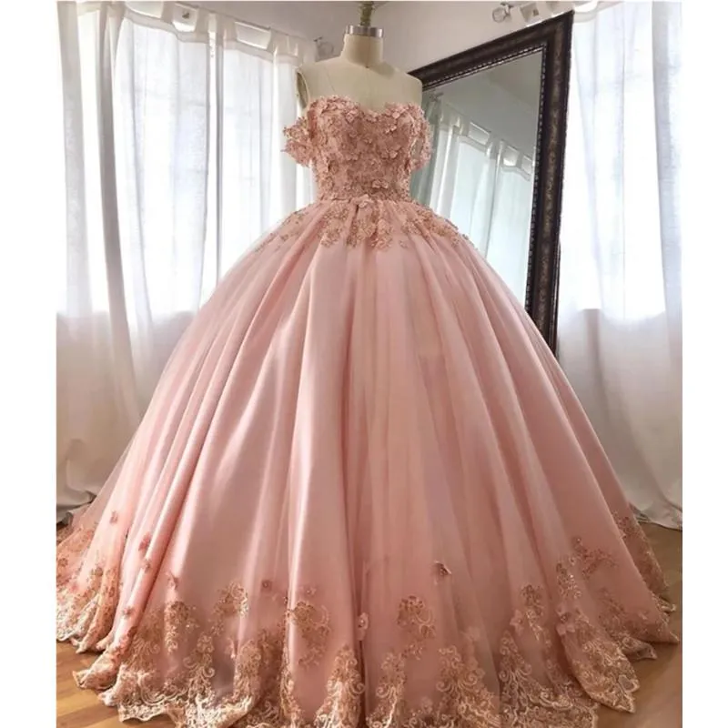 Vestido de baile rosa vestidos quinceanera com d florais apliques decote em coração tule tulle personaliza a princesa doce concurso formal desgaste vestidos