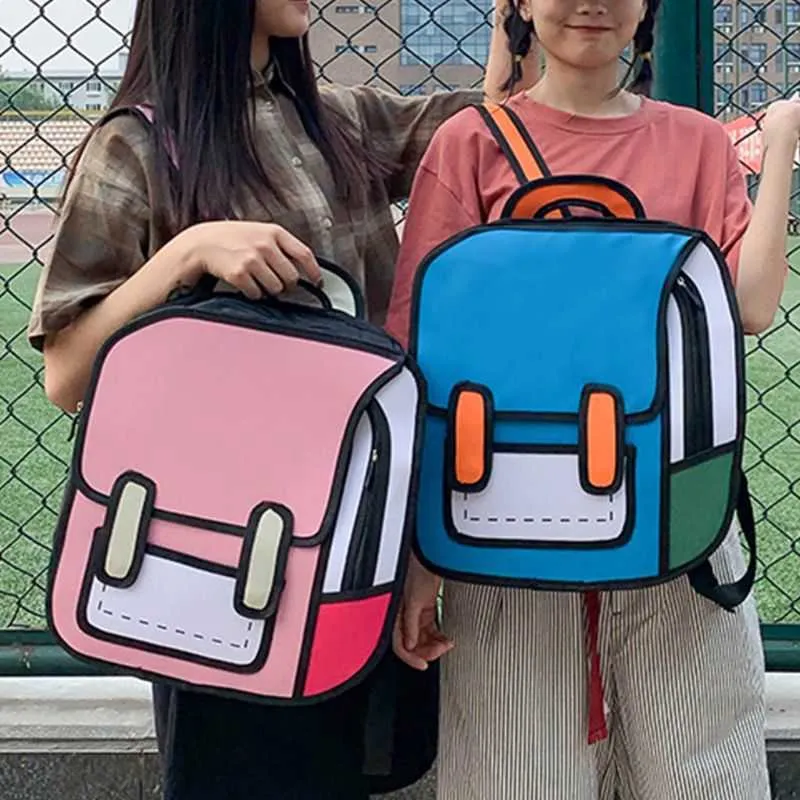 Creative femmes 2D Ding sac à dos dessin animé sac d'école bande dessinée Bookbag pour adolescent filles sac à dos voyage sac à dos X0529