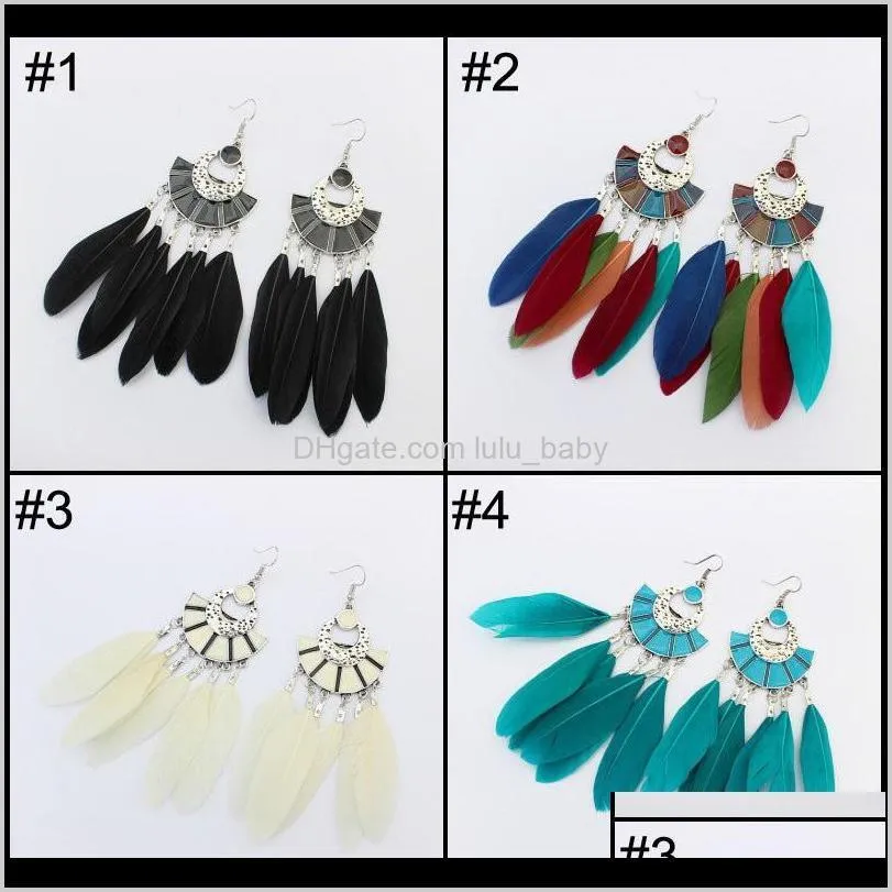 New Bohemian Vintage Colorful Feather Earrings 4 Styles Fan Shape Long Tassel Drop Dangle Earrings Women Jewelry Accessories
