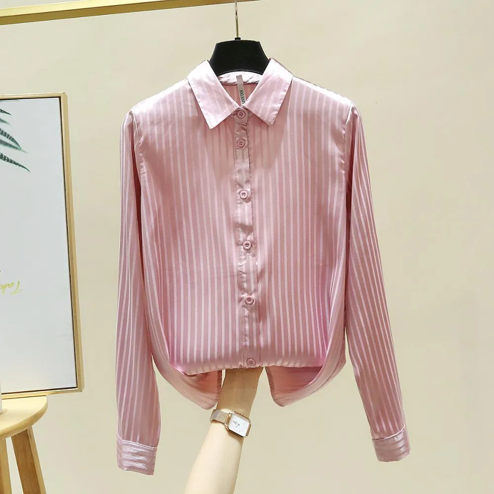 Autumn Korean Style Office Ladies Turn Down Collar Long Sleeves Stripe Shirt Women's Casual Blouse Shirts A4424 210428