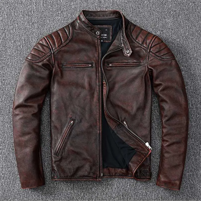 Vintage Style Mens Cowhide Kläder Biker Äkta Läderjacka Mode Brown Leather Slim Coat Män 211222