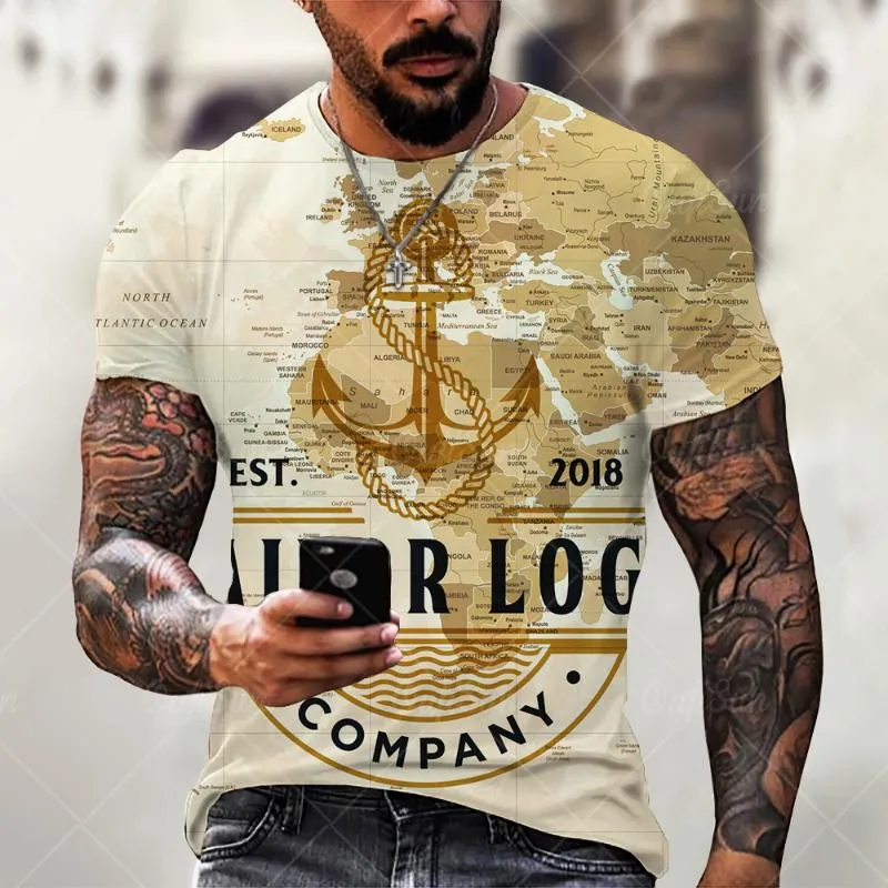 Men's T-Shirts Men Map Anchor Print T Shirt Rock Shirts O-Neck Short Sleeve Streetwear Summer Casual Clothes 2021 Cloth