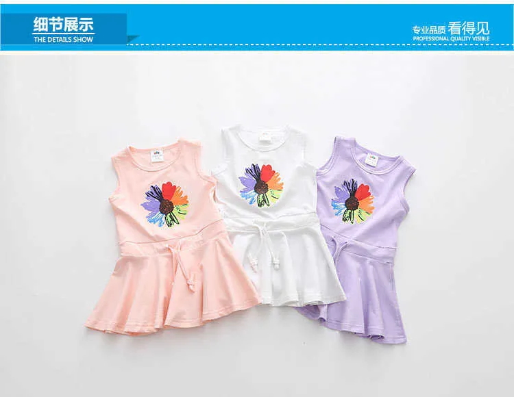  Summer 2-10 Years Children Birthday Oil Painting Cartoon Big Flowe Print Princess Waist Drawstring Kids Girl Flower Dress (7)