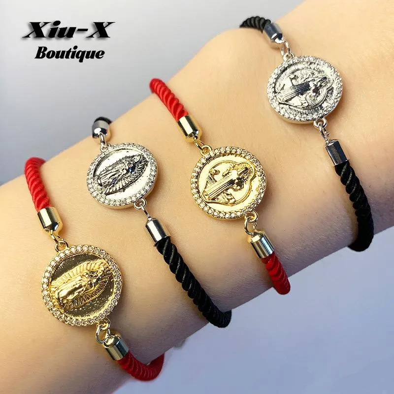 Red Thread Virgin Mary Pendant Charms Bracelets For Women Black Rope String Adjustable Hand Chain Catholic Faith Charm