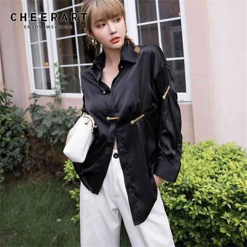 Czarny pin z długim rękawem Bluzka Satin Button Up Collar Koreański Koszula Spadek Kobiet Top Streetwear Moda Odzież 210427