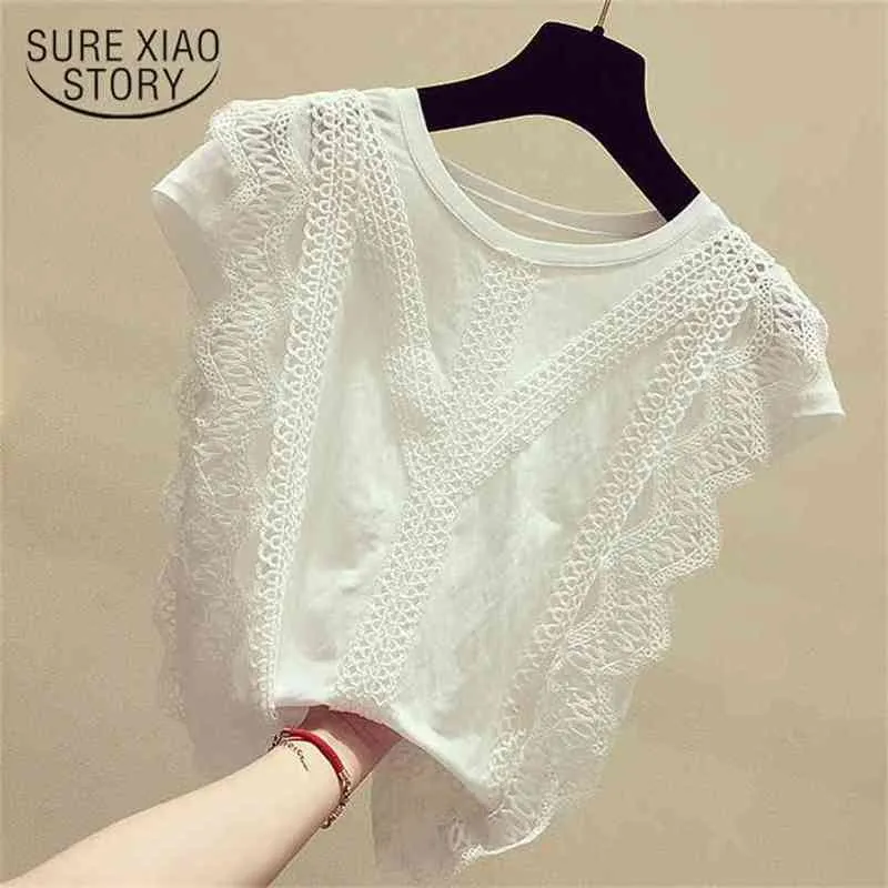 Fashion womens Clothing 3XL 4XL Plus Size blouse short sleeve ruffles lace women shirts Solid white Women Tops 4835 50 210506