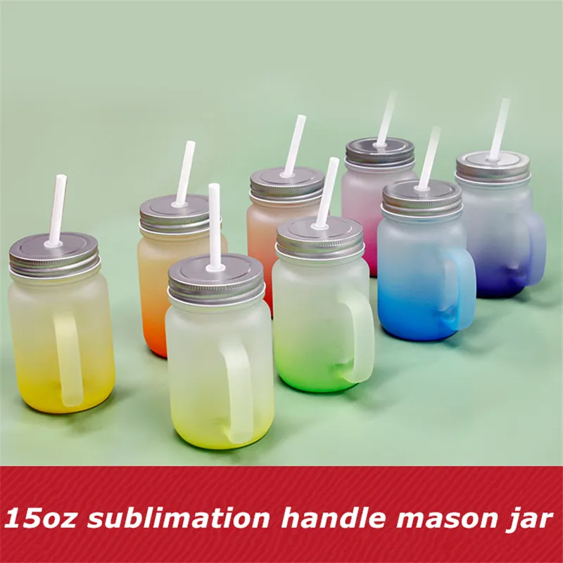 ¡Venta al por mayor! Mango de sublimación de 15 oz Mason Jar Gradiente Gafas esmeriladas Mano DIY Copas de vino multicolores Transferencia de calor Vasos de vino Copas de cerveza 8 Tazas de color A12