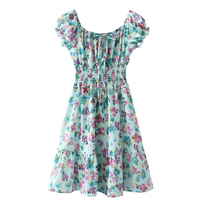 Sweet Floral Print Sexy Off Shoulder Dress Dames Elastische Taille Korte Mouw Vestido Mujer Summer Casual Holiday 210514
