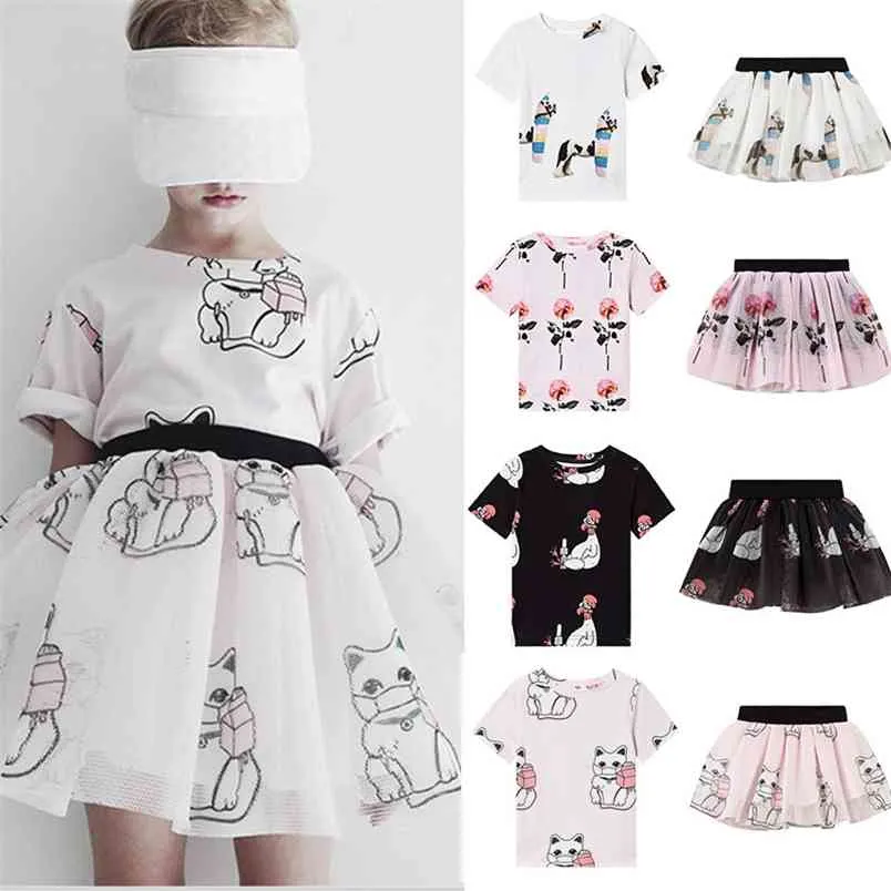 Niños marca diseño malla falda gato rosa patrón niño moda manga corta Top y tutú a juego 210619