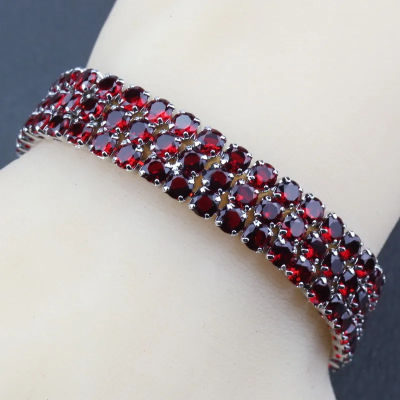 Prata 925 AAA + Qualidade Garnet Vermelho Bridal Jóias Link Cadeia Bracelete Comprimento 19.5cm 5-Color Mulheres Decoração de Casamento