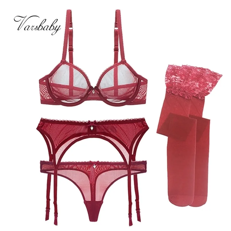 VarsBaby Sexy Ultra-Thin Transparent Garnunderkläder Set Bras + Garters + Thongs + Strumpor 4 st för unga kvinnor 211104