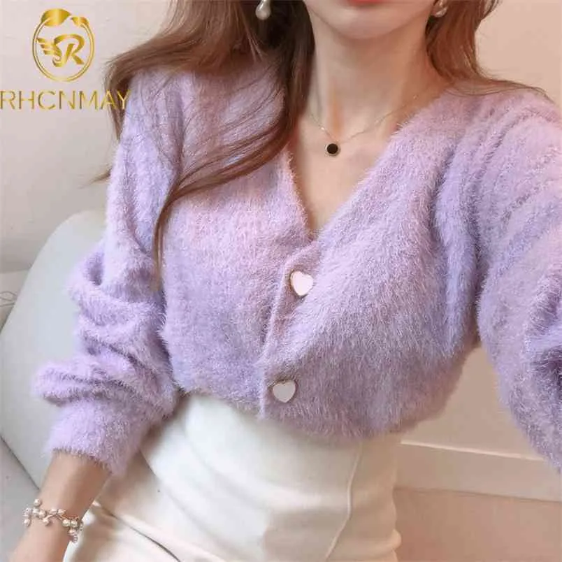 Elegant V Neck Fluffy Cardigan Women Thick Warm Winter Cashmere Sweater Fashion Single Breasted Long Sleeve Knitted Coat 210506