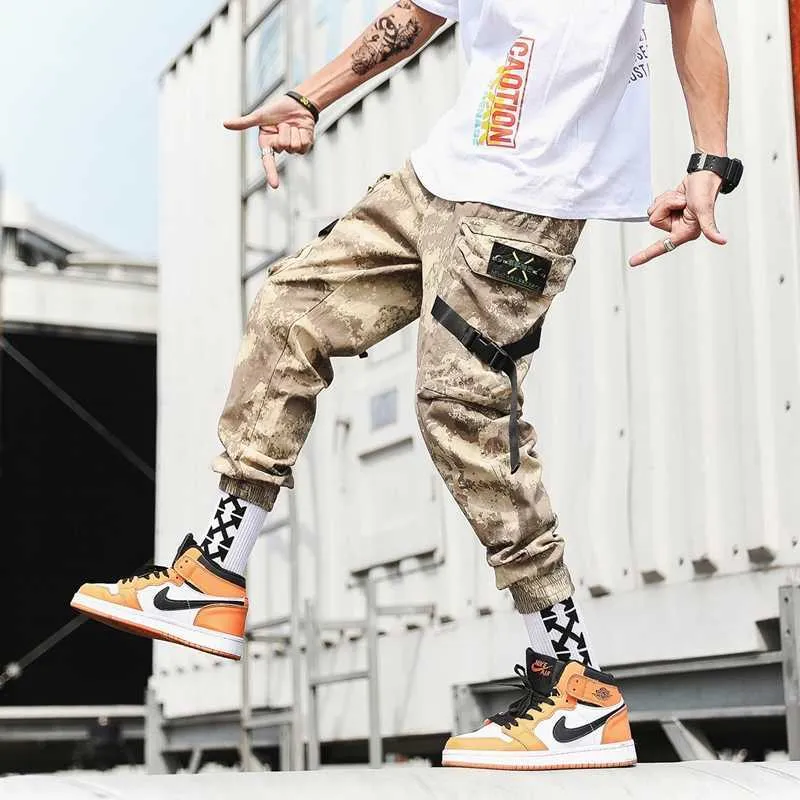 Streetwear Harem Joggers Män Ribbons Side-Fickor Camouflage Militär Mäns Byxor Casual Slim Cargo Byxor för Man X0615