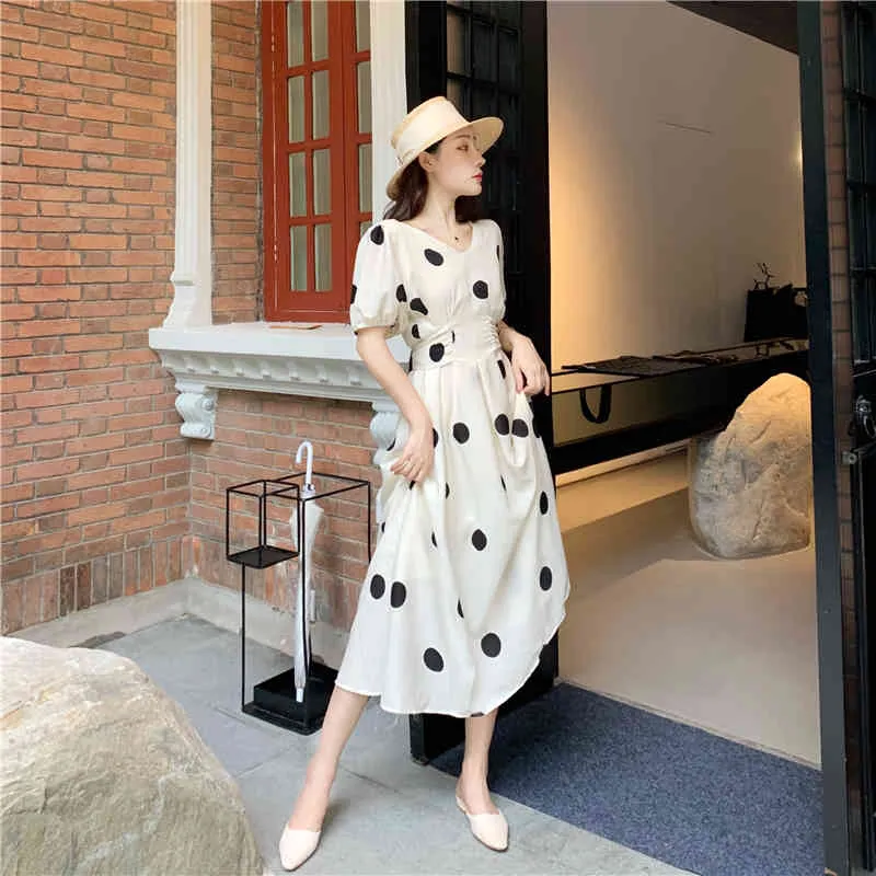 Zomer Dames Polka Dot Beach Jurk Sundresses Koreaanse kleding Wit Midi Femme Robe 210514