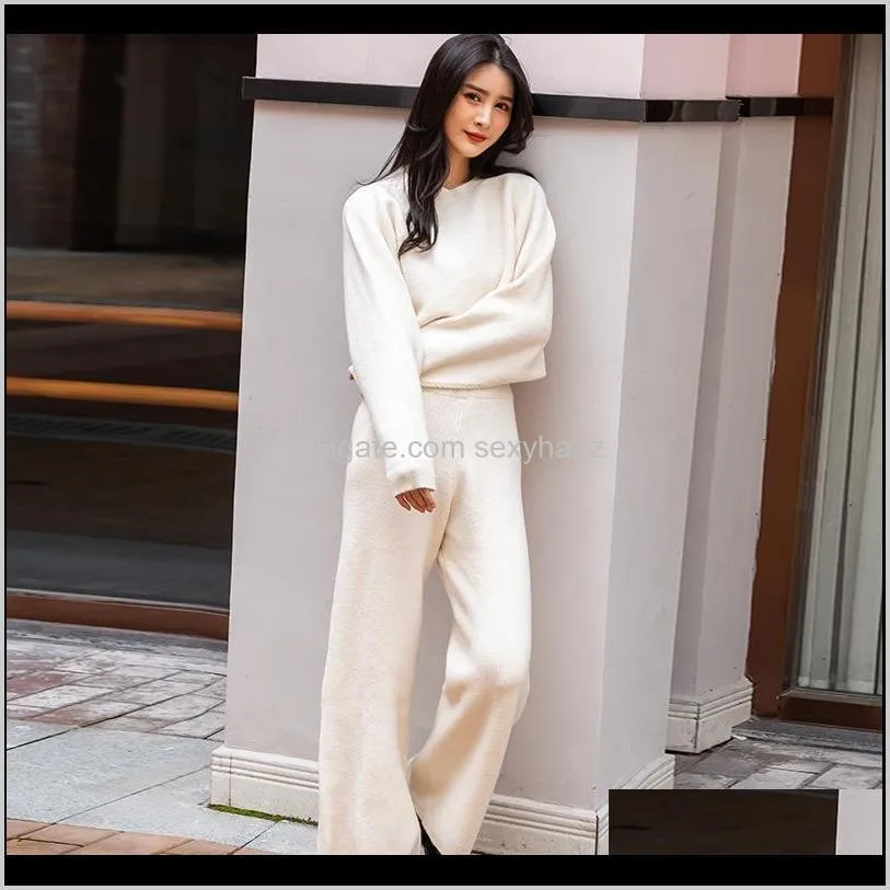 women`s fashionable knitted 2 piece set solid batwing sleeve crop knitting pullover sweaters elastic waist flare wide leg pants1
