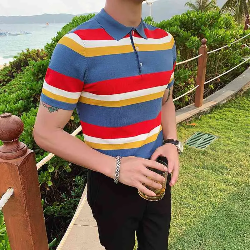 Striped Men Polo Shirts Lapel Ice Silk Leisure Business Streetwear Knitting Slim Fit Polo Shirt British Style Men Clothing 210527