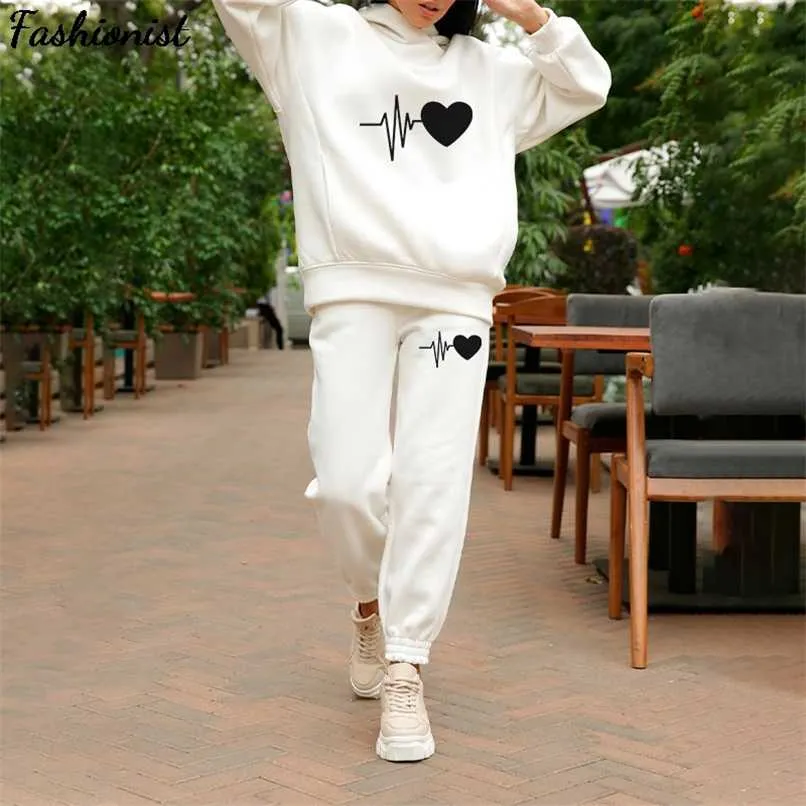 Oversize Heart Printed Fleece Women's Tracksuit Hoodies 2 Piece Set Sweatshirt + Pant Sport Suit Winter Sportswear 210930
