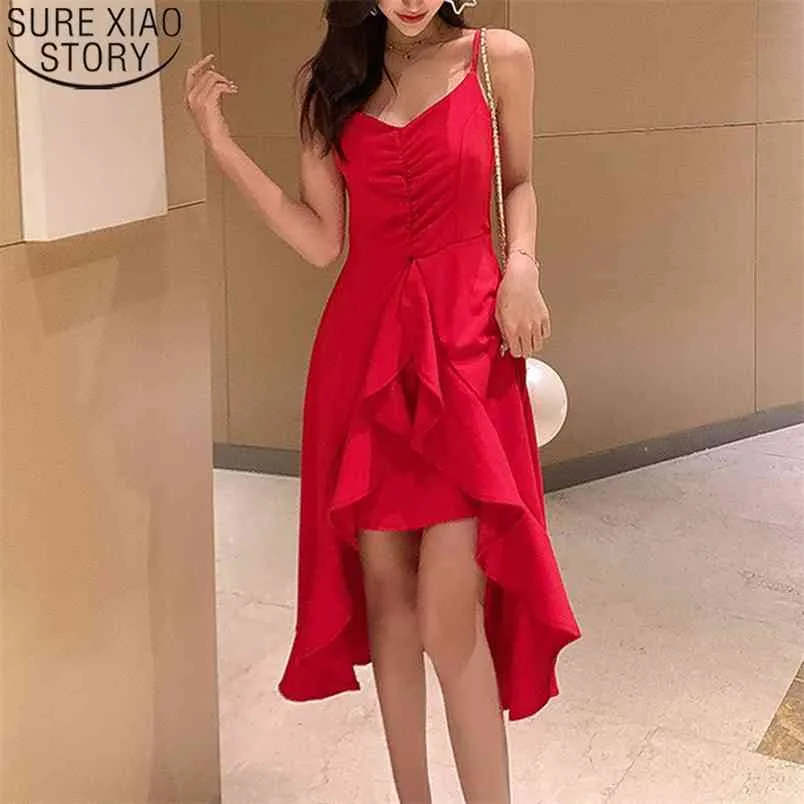 Elegant Spaghetti Strap Dresses Sexy Party Sleeveless Blackless V-neck Ruffle Women Korean Robe Mujer 13289 210506