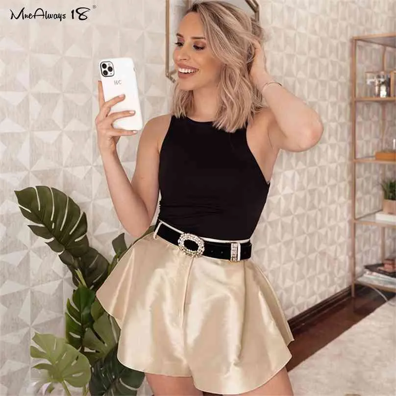 Mnealways18 sommar satin beige shorts kvinnor brett ben kort byxor elegant flared röd med hög midja kvinnlig 210719