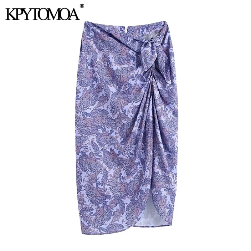 KPYTOMOA Femmes Chic Mode Avec Noeud Paisley Imprimer Wrap Midi Jupe Vintage Taille Haute Retour Zipper Femme Jupes Mujer 210621