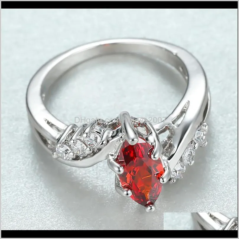 luxury female red crystal stone ring charm silver color engagement vintage bridal leaf zircon wedding rings for women