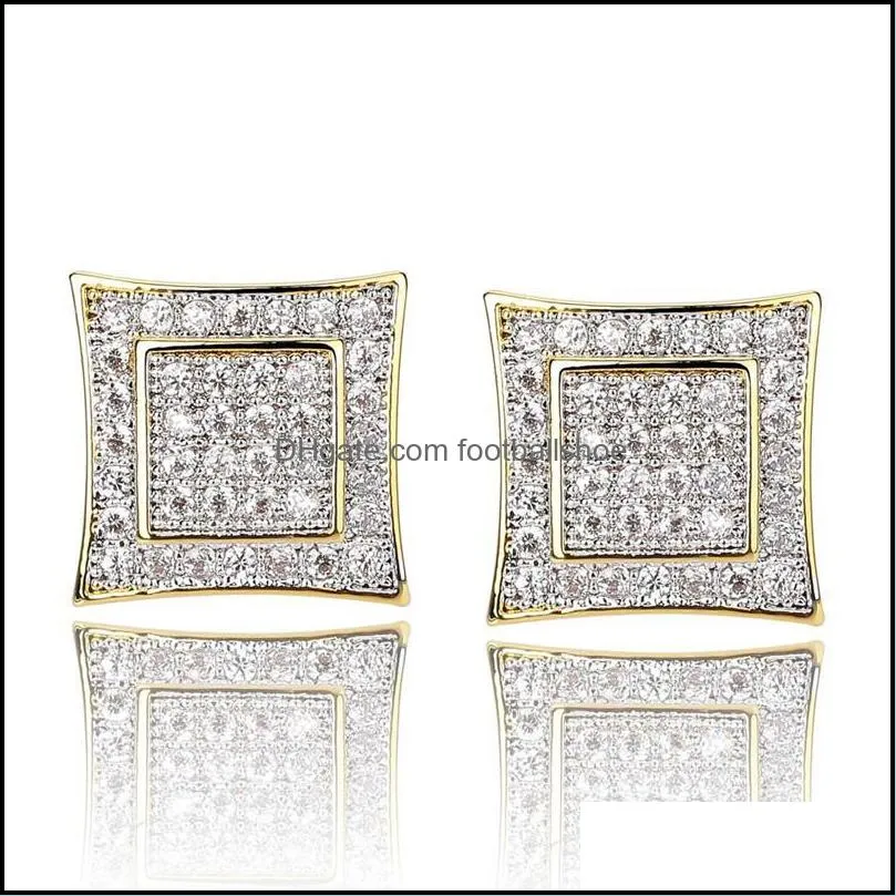 18K Real Gold Hiphop CZ Zircon Square Stud Earrings for Men Women and Girls Gifts Diamond Earring Studs Punk Rock Rapper Jewelry