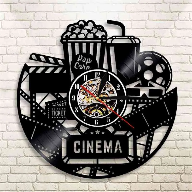 Cinema Vinyl Record Orologio da parete Design moderno Guarda film Film Orologio Time Clock Popcorn Coca Cola per regalo amante del cinema 210325