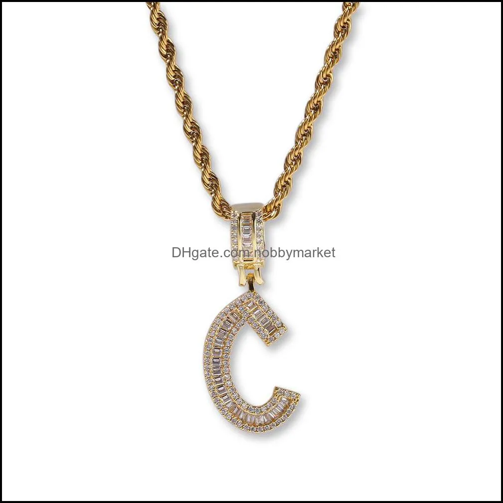 Hip Hop Micro Paved Square CZ Cubic Zirconia Bling Iced Out Letter Pendants Necklace for Men Rapper Jewelry Gold Silver Necklace