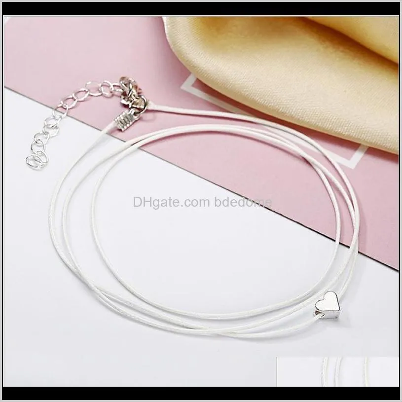 anklet set white rope string rope through heart charm silver plated metal chain women foot anklet gift