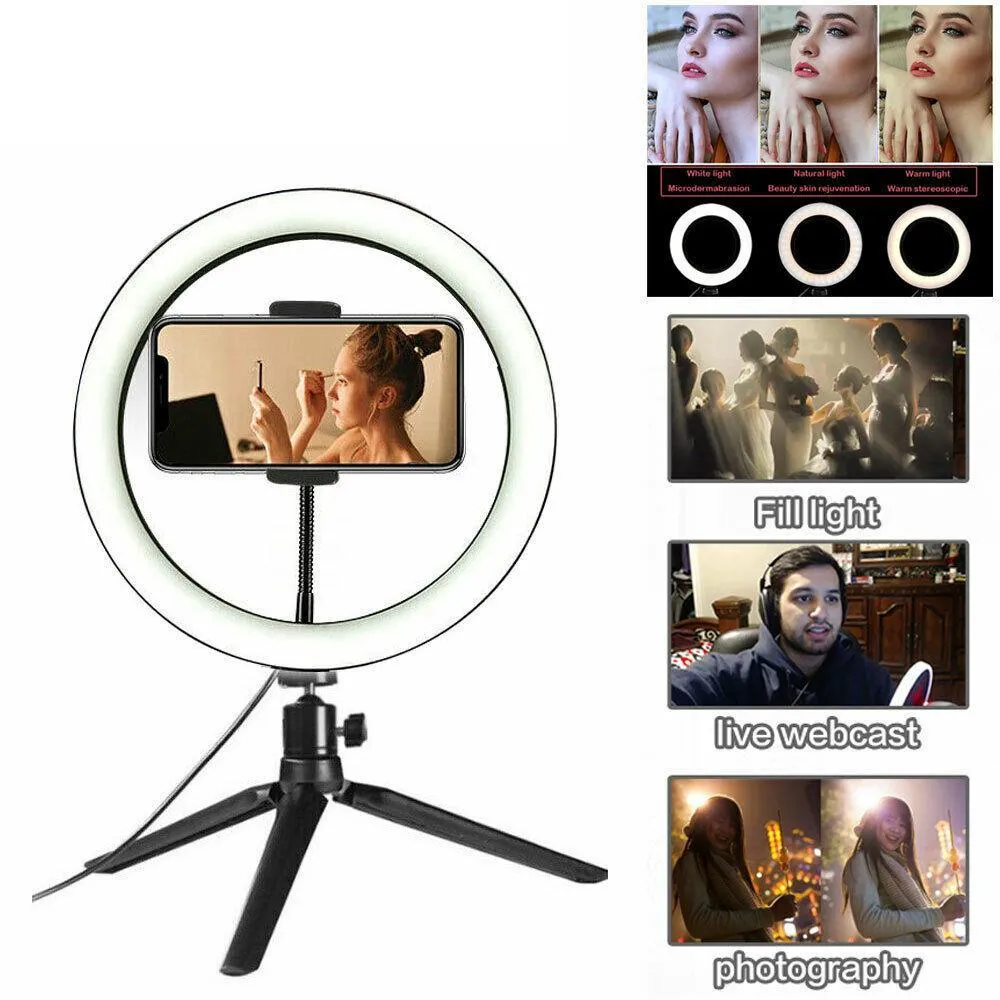 10 "LED-ringlampa Fotografisk selfie ringbelysning med stativ för smartphone YouTube TikTok Makeup Video Studio Tripod Ring