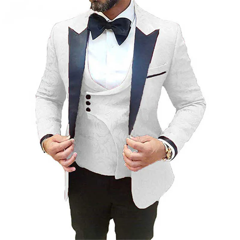 Blomönster Bröllop Tuxedo för Groomsmen Prom Slim Fit Casual Män Passar Med Svart Byxor Man Mode Jacka Vest X0909