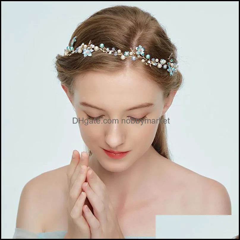 Dower Me Women Blue Flower Headband Wedding Hair Vine Pearl Bridal Hair Jewelry Accessories Handmade C19041101