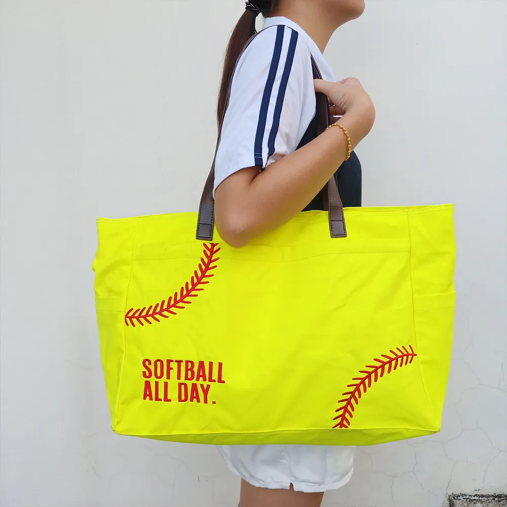 Borduurwerk softbalbal plunje tas ga magazijn softbal softbal-all-day geel canvas tote grote capaciteit buiten reistassen westerse casual carry portemonnee domil1477