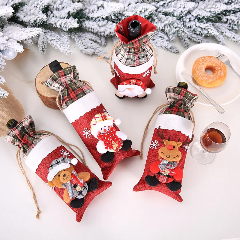 SoulQool Set Di 3 Copribottiglie Di Vino Natalizi In Cotone E Lino - 13x32cm - Decorazioni Per Bottiglie