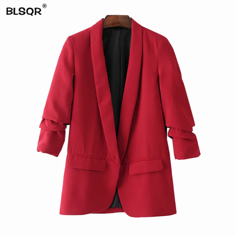 BLSQR Red Chiffon Formell Blazer Women's Business Suit Slim Long-Sleeve Jacka S Kontor för Kvinnor Kläder 210430
