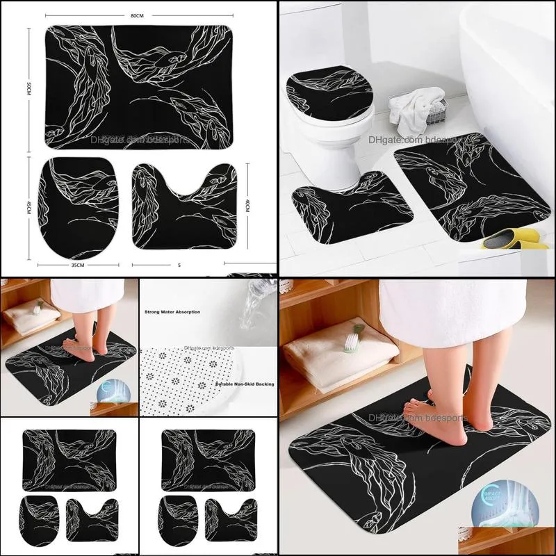 Bath Mats Koi Fish Swimming-black 3pcs Bathroom Set Coral Velvet Toilet Rug Cover Anti Slip Carpet For Home Decor