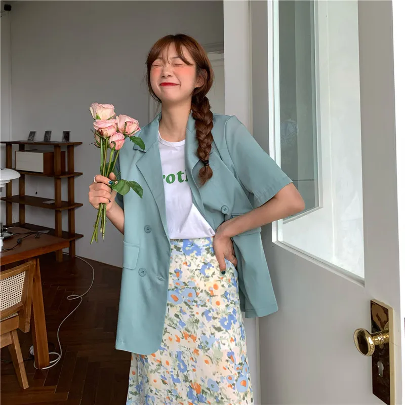 Wonder Blazers en vrac à manches courtes Vintage Double boutonnage Casual Fashion Office Lady Korean Outwears 210510