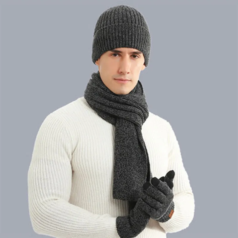 Terno quente outono e inverno misturado cor de tricô lã grossa chapéu lenço luvas três peças