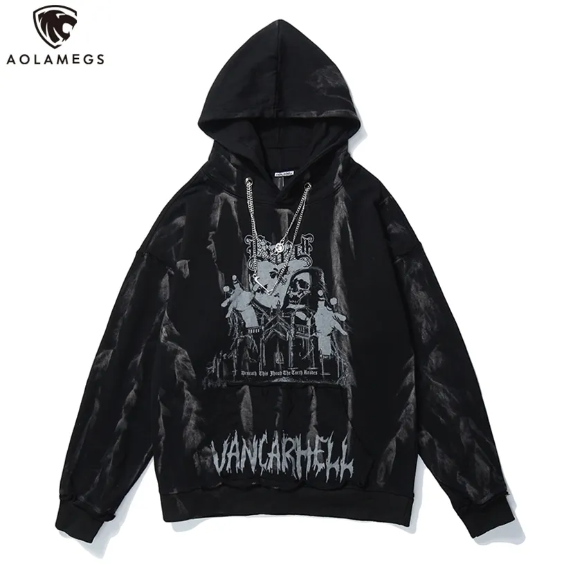 Aolamegs Men Hip Hop Hoodie Bluza Gothic Horror Czaszka Drukuj Punk Łańcuch High Street Hipster Baggy Hooded Pullover Streetwear 211229