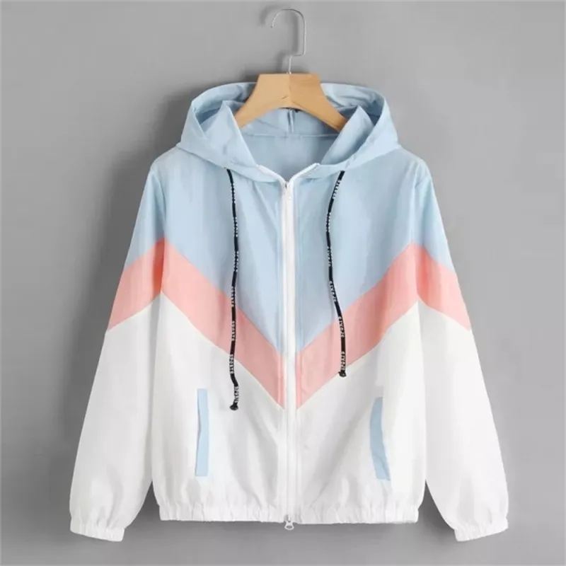 Women Windbreaker Jacket Female Multicolor Patchwork Hooded Basic s Color Block Coats For 210607